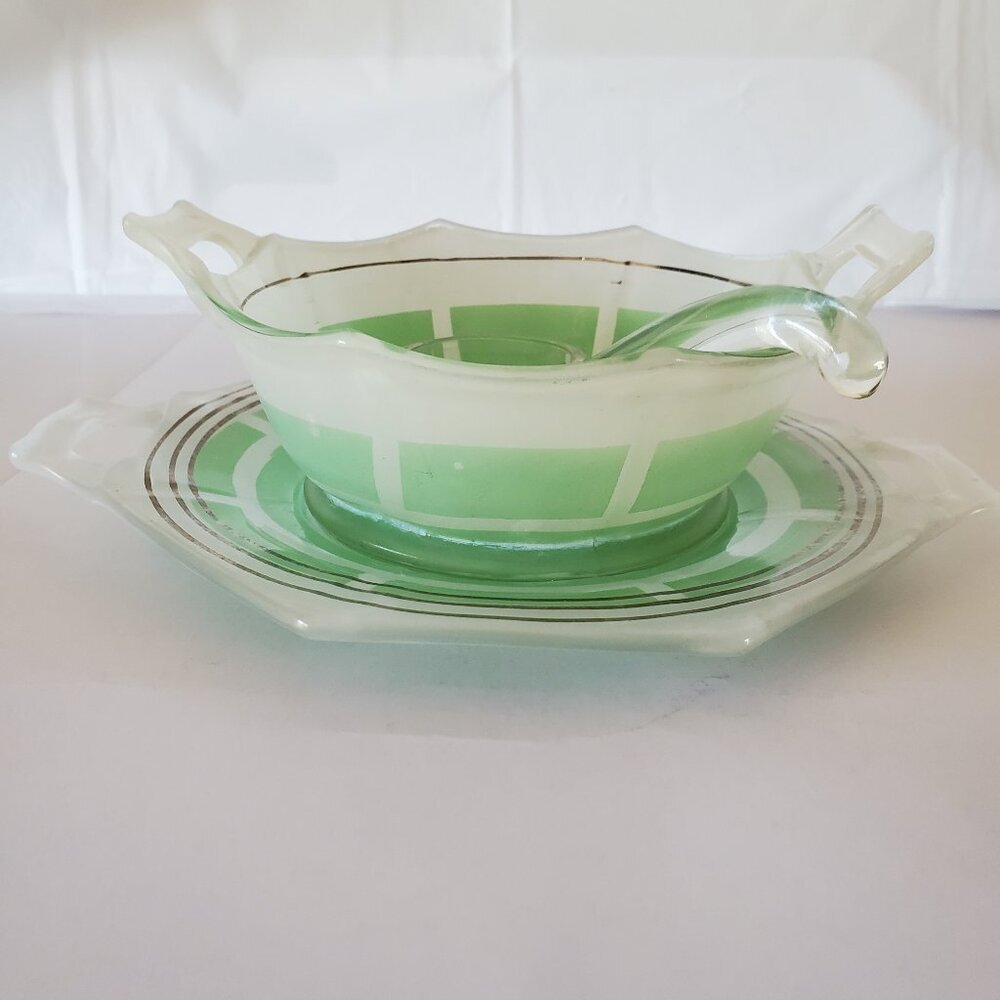 Rare 1930's Art Deco Green Indiana Satin Milk Glass Condiment 3 pc set